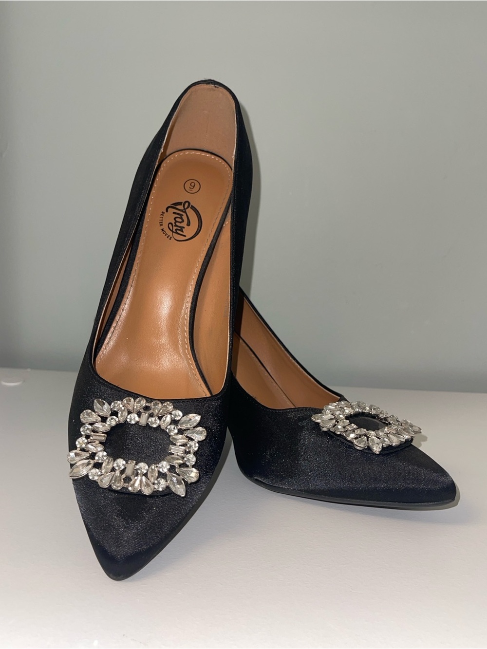 Black Satin Pointed Toe Pumps with Crystal Buckle, Manolo Blahnik Inspired